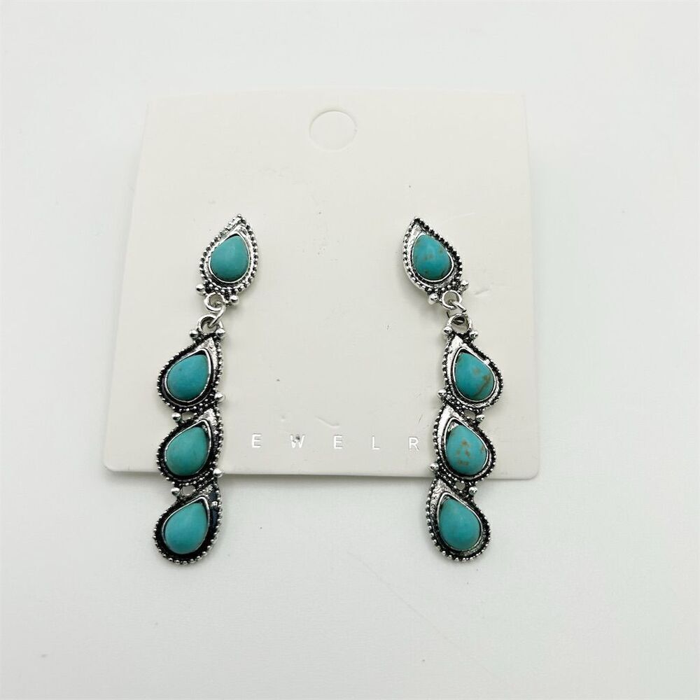 Boho Southwestern Faux Turquoise Teardrop Stud Dangle Long Earrings - Picture 2 of 5